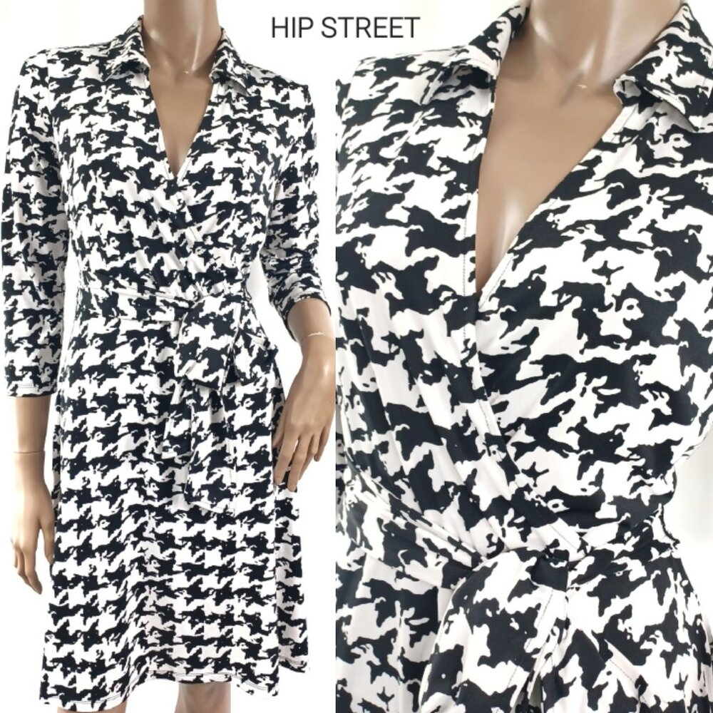 INC Collared V Neck Surplice Top Houndstooth Print Stretch Dress M
